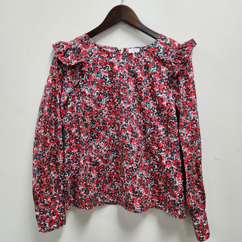 J Crew Womens Poplin Ruffle Top Size M Long Sleeve Red Multicolor Poppies Button